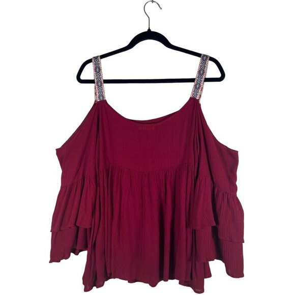 Dee Elle Womens M Top Wine Bell Sleeve Baby Doll Cold Shoulder Embroidery Strap - Picture 5 of 9